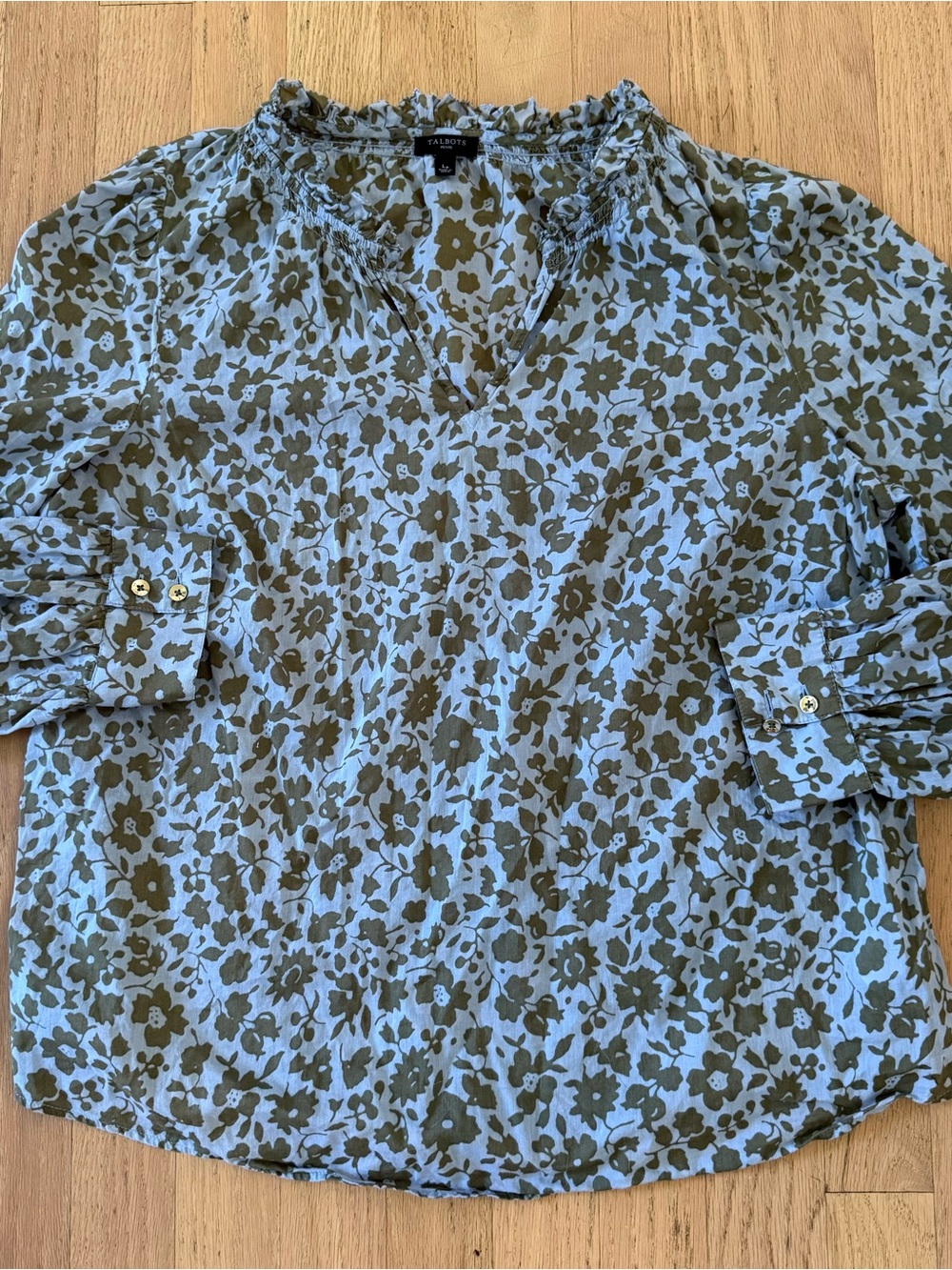 Talbots Large Petite Blue & Green Floral Lightweight Long Sleeve Cotton Blouse